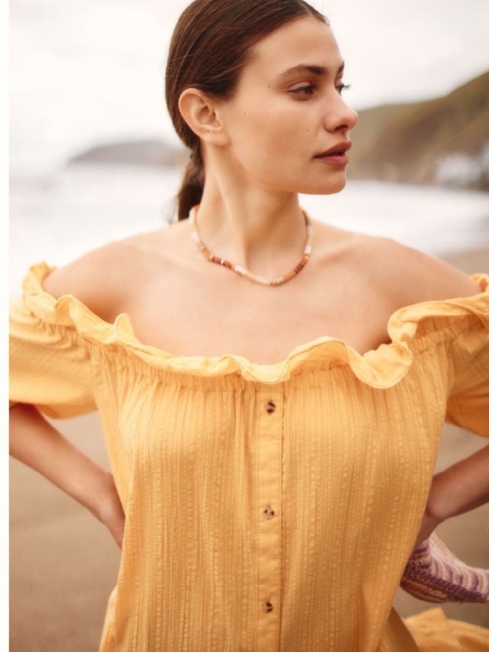 Anthropologie Ruffle Off-The-Shoulder Button  Gauze Beach Cover Up Dress, S - Picture 6 of 12
